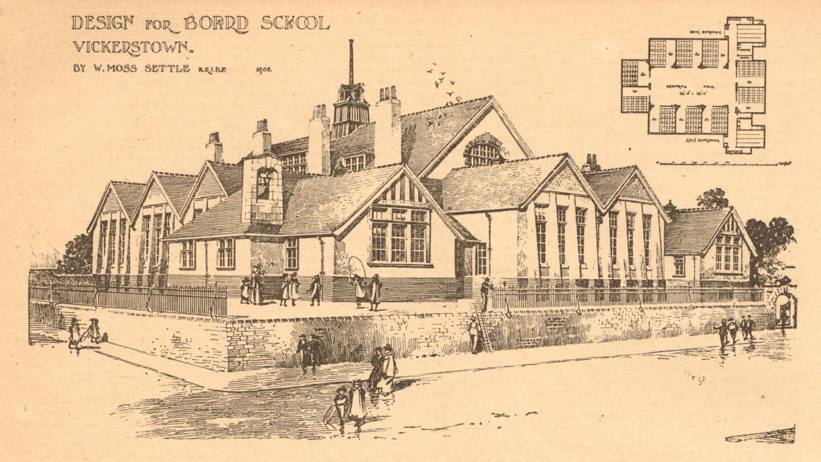 Design for Board School, Vickerstown by W. Moss Settle A.R.I.B.A.. Cumbria 1901